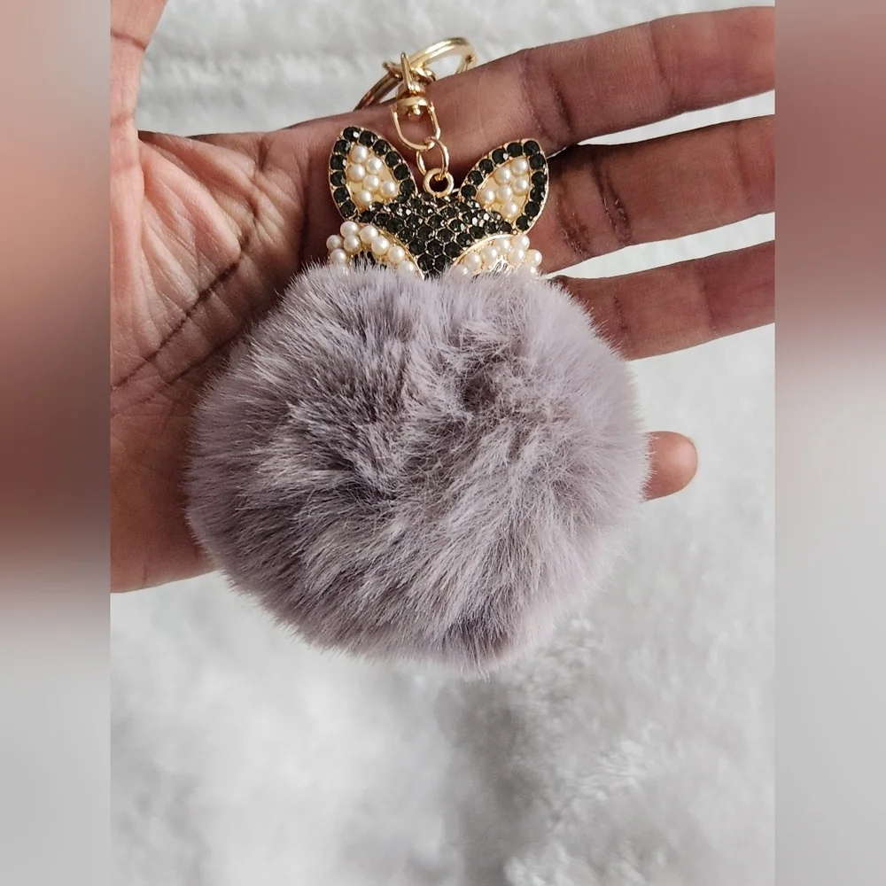 Fox Elegant Gold and Gray Pom Pom Keychain Bag Charm